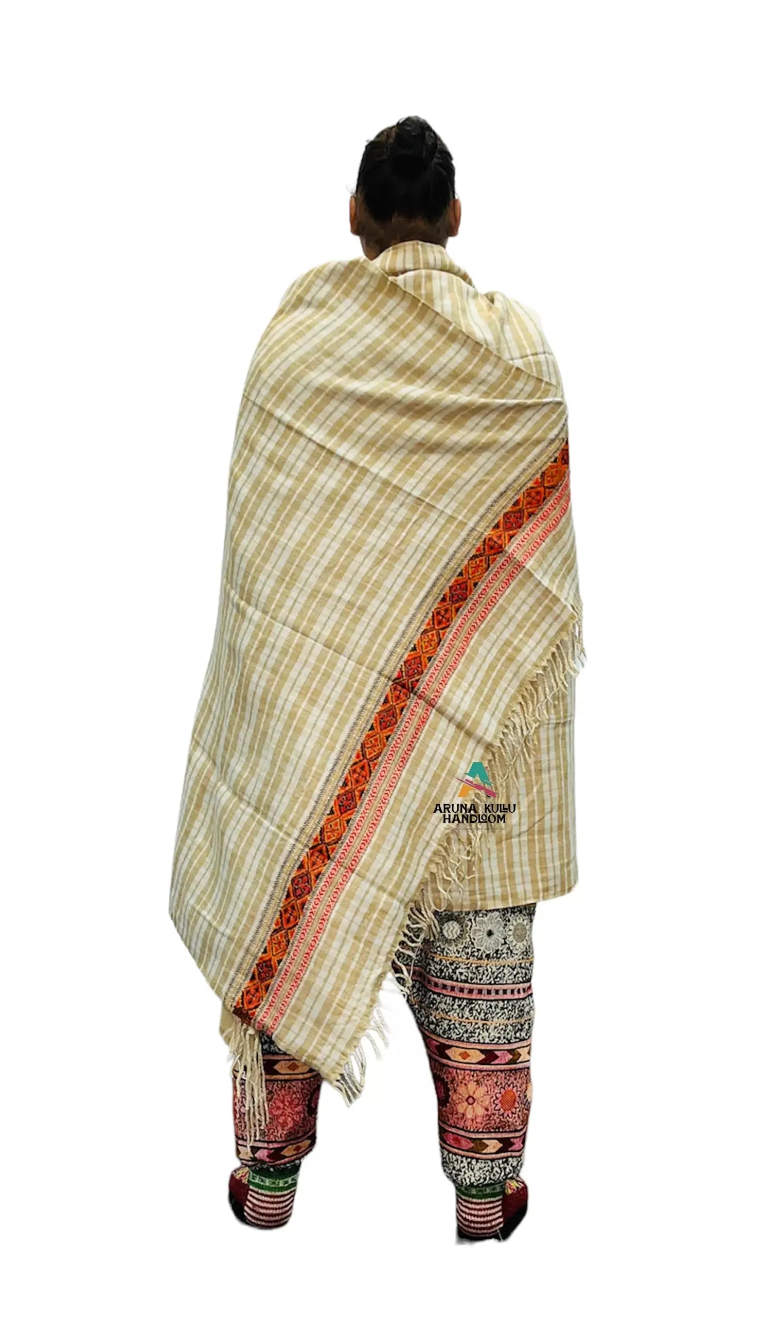ARUNA Genuine Weaver Men's Handwoven Pure Wool Shawl- cream and check cream with kullu patti work.