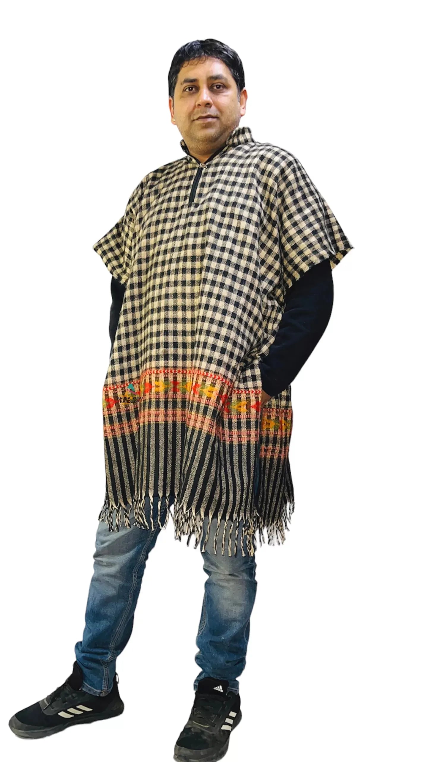 kullu shawl woolen kaftan for men check black.