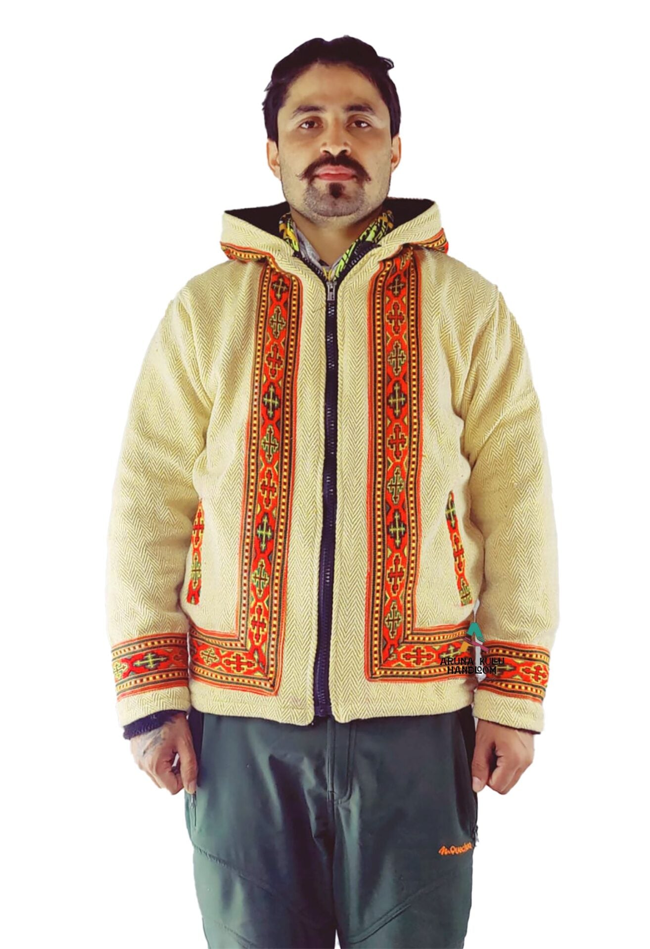 Woolen Winter Wear ZIPPER HOODIE Jacket for MEN & Women WITH KULLU PATTI WORK lemon