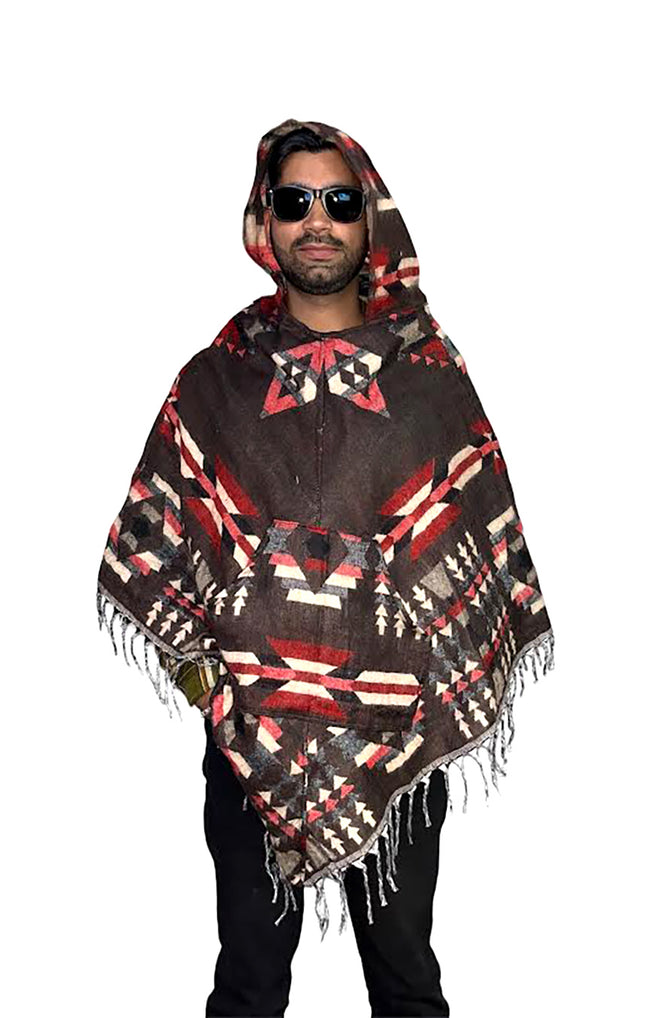 kullu shawl woolen poncho with hood Spanish brown
