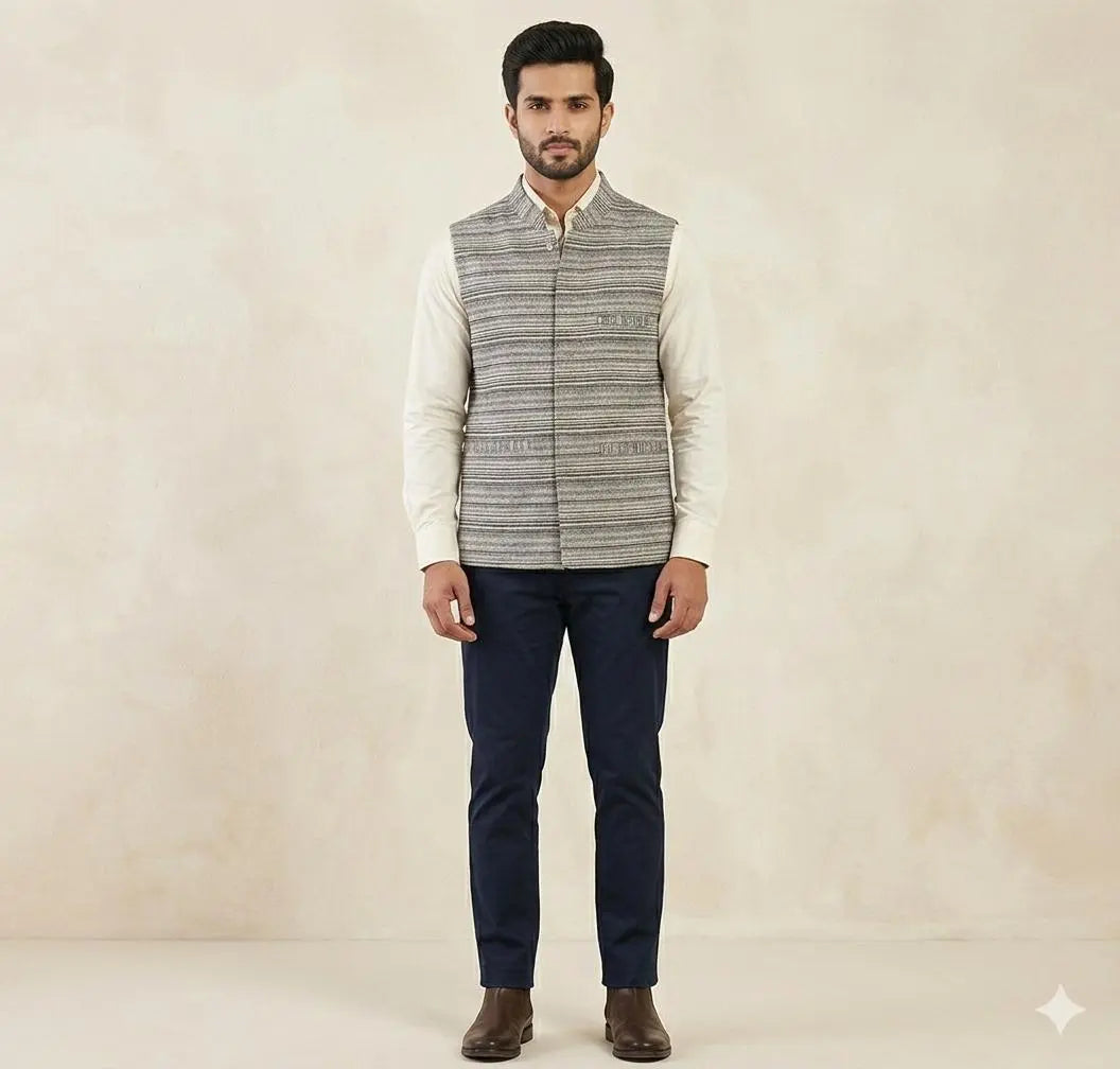 Nehru Jacket PURE ANGORA WOOL ( BLACK & GREY ).