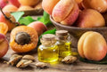 Close-up of apricots, seeds, and two small glass bottles of aruna kullu handloom GUTTI KA TEL (Apricot oil) on a wooden table. In the background, a bowl holds whole apricots and one fruit is cut open to show its pit.