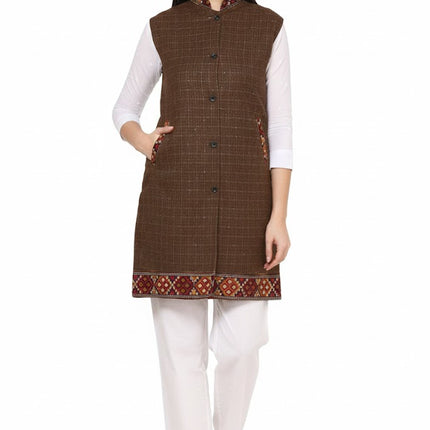 Check brown long jacket with kullu lace work