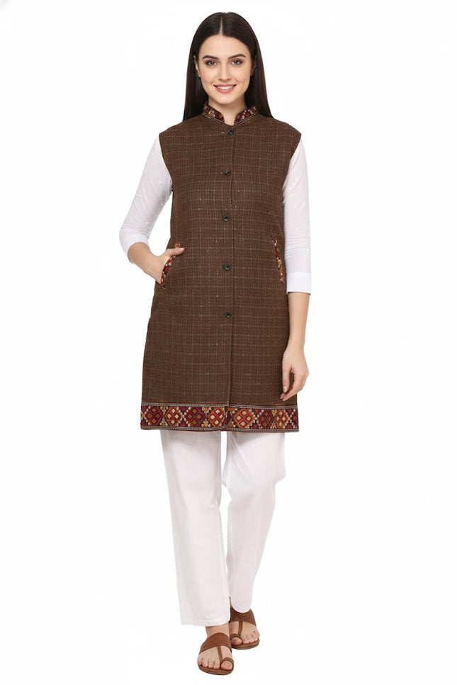 Check brown long jacket with kullu lace work