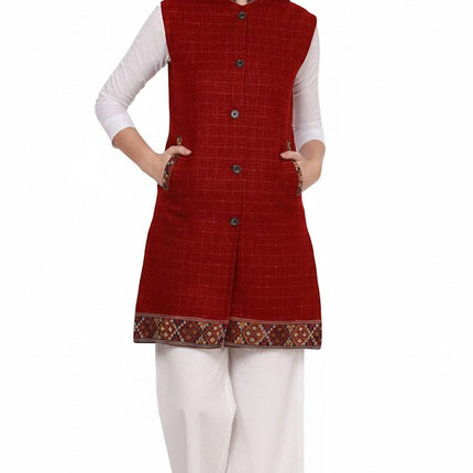 Check red long jacket with kullu lace work