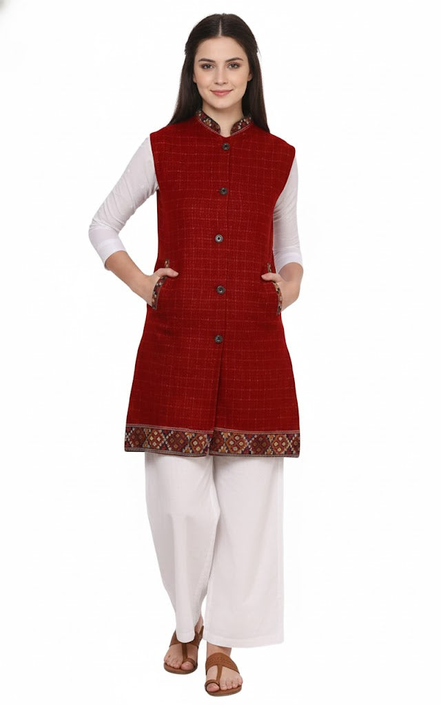 Check red long jacket with kullu lace work