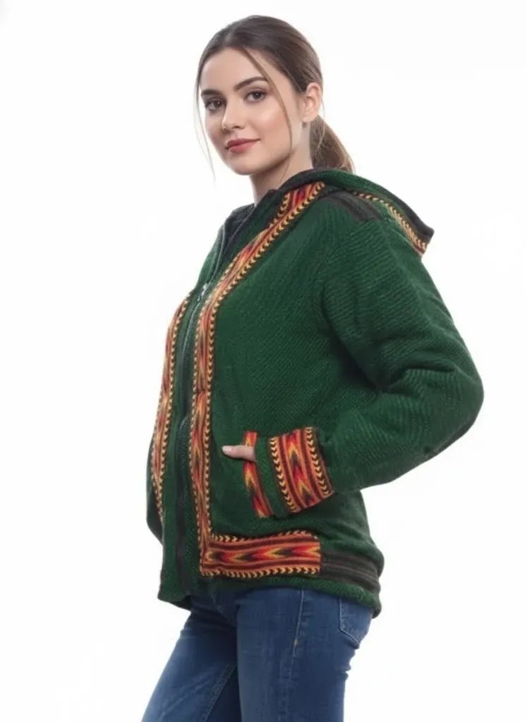 A woman with long brown hair in a ponytail wears the aruna kullu handloom green ZIPPER HOODIE Jacket for MEN & Women WITH KULLU PATTI WORK, paired with blue jeans, standing against a white background.kullu patti hoodies online kullu patti hoodies kullu hoodie woolen kullu woolen hoodies kullu hoodie for girls