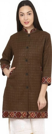 himachali Long Jacket jacket for ladies FULL SLEEVES brown check