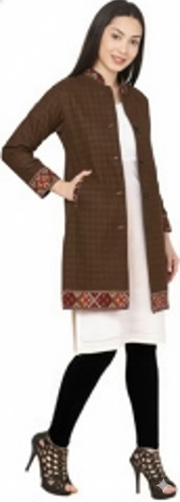 himachali Long Jacket jacket for ladies FULL SLEEVES brown check