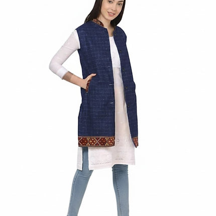 Check navy blue long jacket with kullu lace work