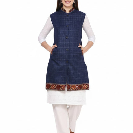 Check navy blue long jacket with kullu lace work
