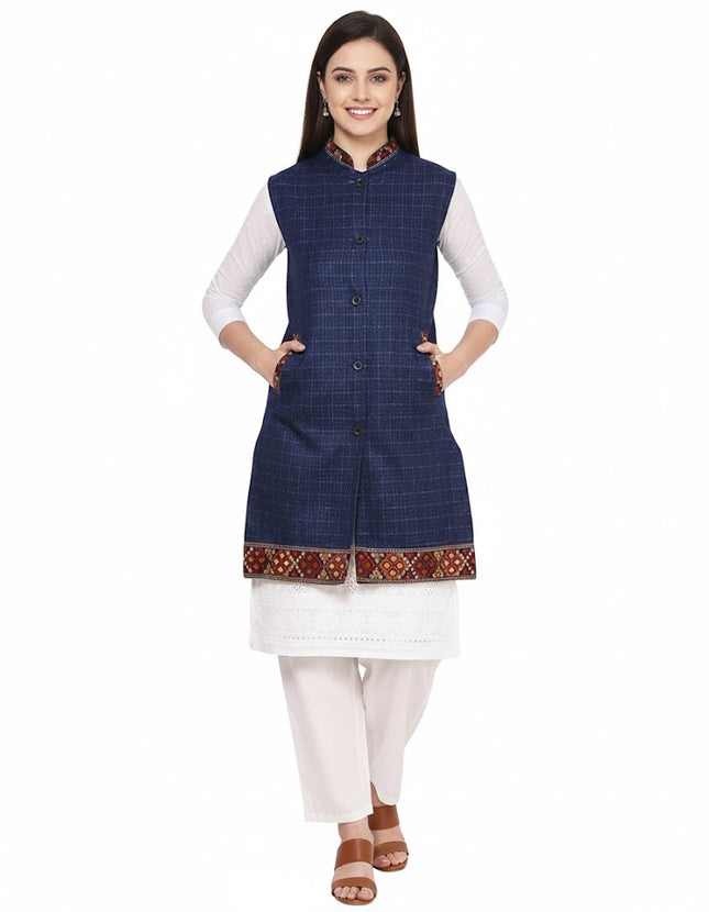 Check navy blue long jacket with kullu lace work