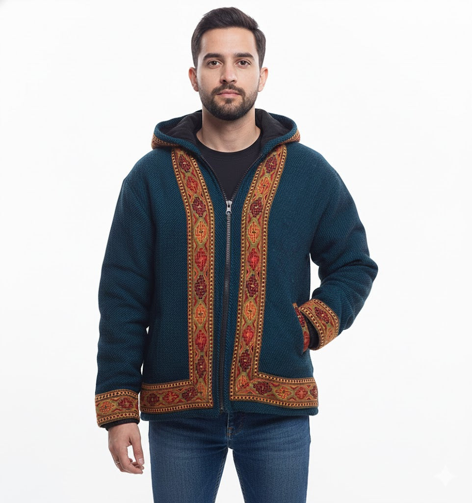 Woolen Winter Wear ZIPPER HOODIE Jacket for MEN WITH KULLU PATTI WORK sapanish blue