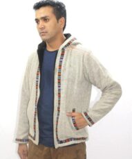 tribal hoodie himachali hoodie warm made with kullu shawl online for men himachali hoodie Jacket for MEN WITH KULLU PATTI WORK LIGHT GREY kullu jacket himachali hoodie Pahadi jacket Pahadi hoodie Pahari jacket